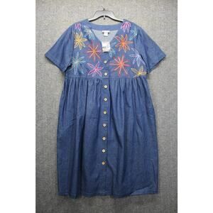 Go Softly Patio Denim Midi Dress Size Large Floral Embroidered Button Down New
